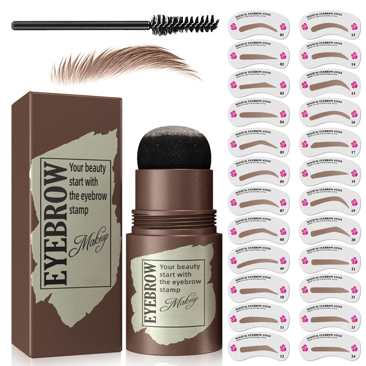 Eyebrow Stamp Stencil Kit - Augenbrauenstempel mit 24 Schablonen & Pinsel für perfekte Form (Hellbraun)
