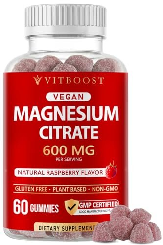 Vitboost Magnesium Citrate Gummies 600mg – 60 vegane Magnesium Gummibärchen für Entspannung & Muskelunterstützung – Natürlicher Himbeergeschmack – Nicht-GVO, glutenfrei, pflanzlich