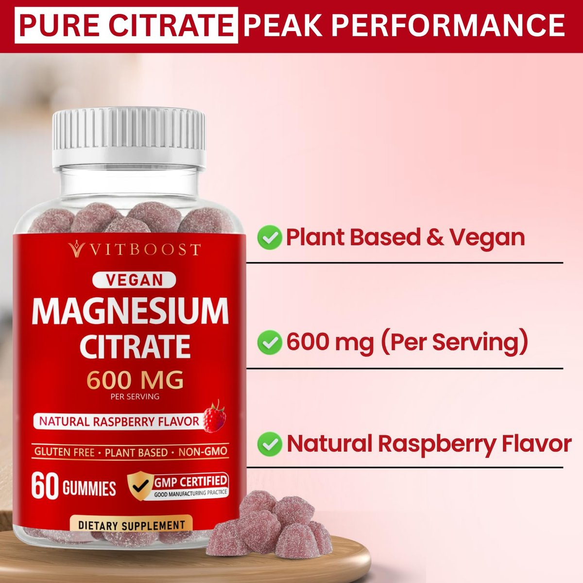 Vitboost Magnesium Citrate Gummies 600mg – 60 vegane Magnesium Gummibärchen für Entspannung & Muskelunterstützung – Natürlicher Himbeergeschmack – Nicht-GVO, glutenfrei, pflanzlich