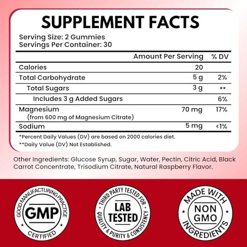 Vitboost Magnesium Citrate Gummies 600mg – 60 vegane Magnesium Gummibärchen für Entspannung & Muskelunterstützung – Natürlicher Himbeergeschmack – Nicht-GVO, glutenfrei, pflanzlich