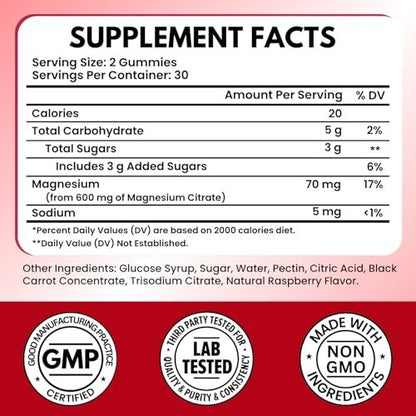 Vitboost Magnesium Citrate Gummies 600mg – 60 vegane Magnesium Gummibärchen für Entspannung & Muskelunterstützung – Natürlicher Himbeergeschmack – Nicht-GVO, glutenfrei, pflanzlich