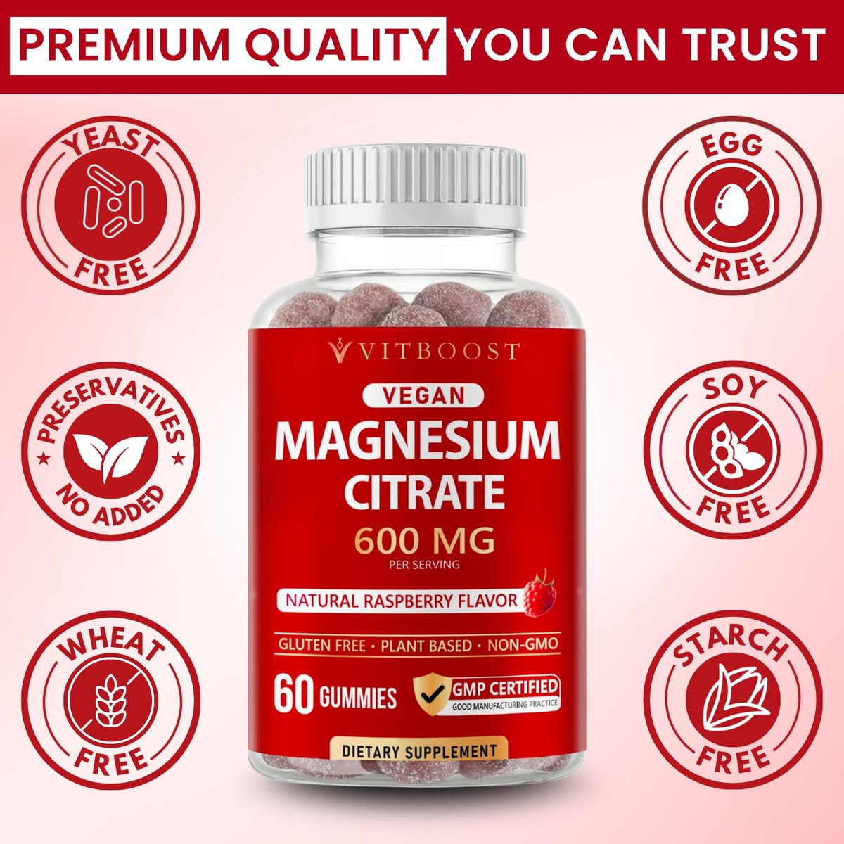 Vitboost Magnesium Citrate Gummies 600mg – 60 vegane Magnesium Gummibärchen für Entspannung & Muskelunterstützung – Natürlicher Himbeergeschmack – Nicht-GVO, glutenfrei, pflanzlich
