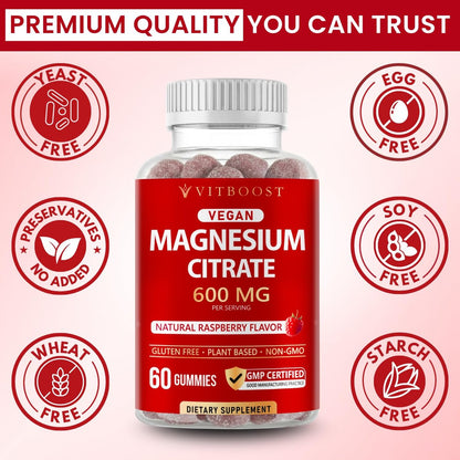 Vitboost Magnesium Citrate Gummies 600mg – 60 vegane Magnesium Gummibärchen für Entspannung & Muskelunterstützung – Natürlicher Himbeergeschmack – Nicht-GVO, glutenfrei, pflanzlich