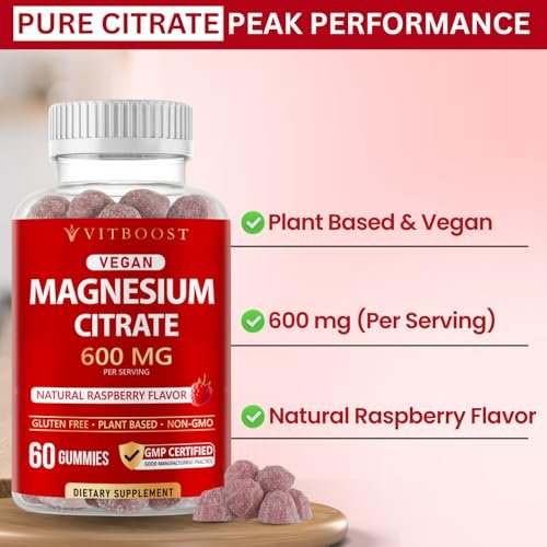 Vitboost Magnesium Citrate Gummies 600mg – 60 vegane Magnesium Gummibärchen für Entspannung & Muskelunterstützung – Natürlicher Himbeergeschmack – Nicht-GVO, glutenfrei, pflanzlich