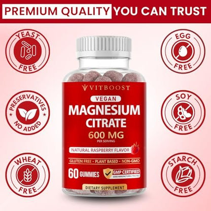 Vitboost Magnesium Citrate Gummies 600mg – 60 vegane Magnesium Gummibärchen für Entspannung & Muskelunterstützung – Natürlicher Himbeergeschmack – Nicht-GVO, glutenfrei, pflanzlich