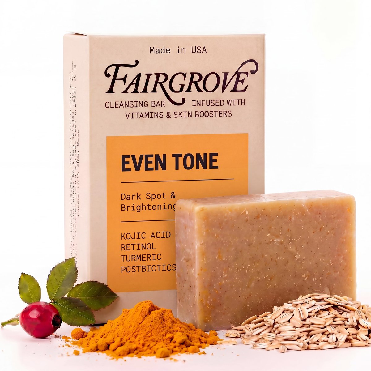 Fairgrove Organic Kojic Acid Seife mit Retinol, Kurkuma & Postbiotika – Hautaufhellende, kaltgepresste Seife – Hergestellt in den USA
