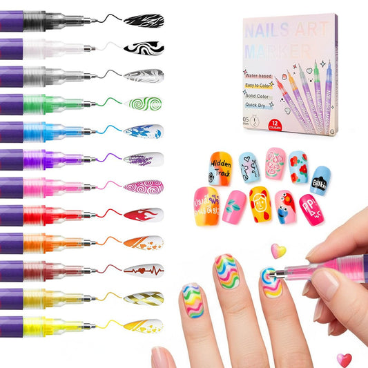 12 Farben Nagelkunst-Stifte Set, 0,5 mm Nagelmarker für Nageldesign, wasserfest und schnell trocknend für DIY Nagelkunst-Maniküre-Werkzeuge