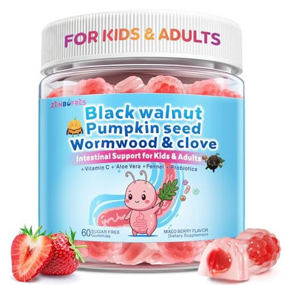 Wermut Schwarze Walnuss Nelke Para Clean für Menschen & Kinder, Kräuter-Darmgesundheits-Gummis mit Wermut, Kürbiskernen, Vitamin C, D3, Zink, Probiotika für natürliche Darmreinigung, Immununterstützung - 60 Gummis