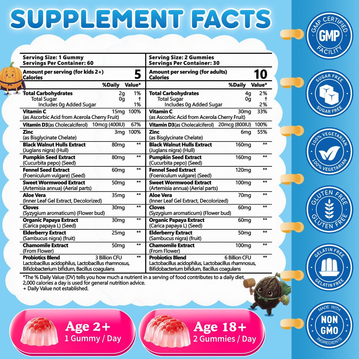 Wermut Schwarze Walnuss Nelke Para Clean für Menschen & Kinder, Kräuter-Darmgesundheits-Gummis mit Wermut, Kürbiskernen, Vitamin C, D3, Zink, Probiotika für natürliche Darmreinigung, Immununterstützung - 60 Gummis