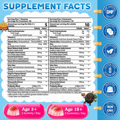 Wermut Schwarze Walnuss Nelke Para Clean für Menschen & Kinder, Kräuter-Darmgesundheits-Gummis mit Wermut, Kürbiskernen, Vitamin C, D3, Zink, Probiotika für natürliche Darmreinigung, Immununterstützung - 60 Gummis