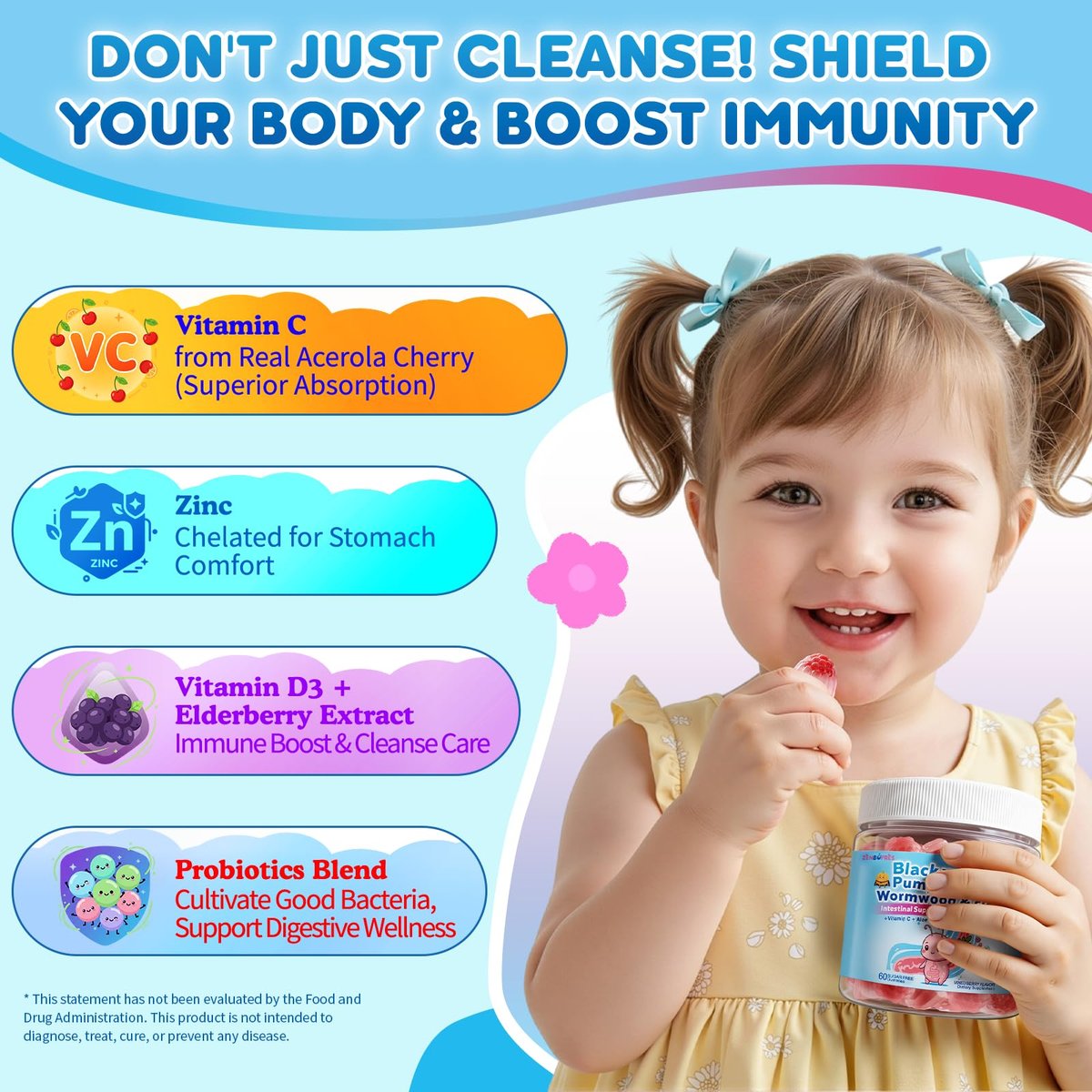 Wermut Schwarze Walnuss Nelke Para Clean für Menschen & Kinder, Kräuter-Darmgesundheits-Gummis mit Wermut, Kürbiskernen, Vitamin C, D3, Zink, Probiotika für natürliche Darmreinigung, Immununterstützung - 60 Gummis