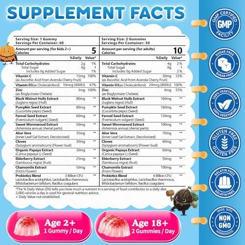 Wermut Schwarze Walnuss Nelke Para Clean für Menschen & Kinder, Kräuter-Darmgesundheits-Gummis mit Wermut, Kürbiskernen, Vitamin C, D3, Zink, Probiotika für natürliche Darmreinigung, Immununterstützung - 60 Gummis
