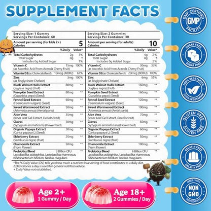 Wermut Schwarze Walnuss Nelke Para Clean für Menschen & Kinder, Kräuter-Darmgesundheits-Gummis mit Wermut, Kürbiskernen, Vitamin C, D3, Zink, Probiotika für natürliche Darmreinigung, Immununterstützung - 60 Gummis