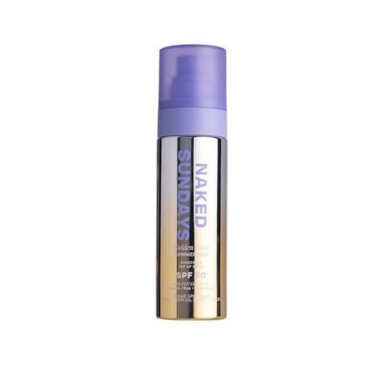 Naked Sundays SPF 50 Golden Glow Glitter Setting Spray – Schützender Glitzer-Setting-Nebel mit Breitband-UVA/UVB-Schutz, schimmernder, glowy Make-up-Fixierspray für Gesicht und Körper, leichtes, nicht fettendes Finish, 75 ml