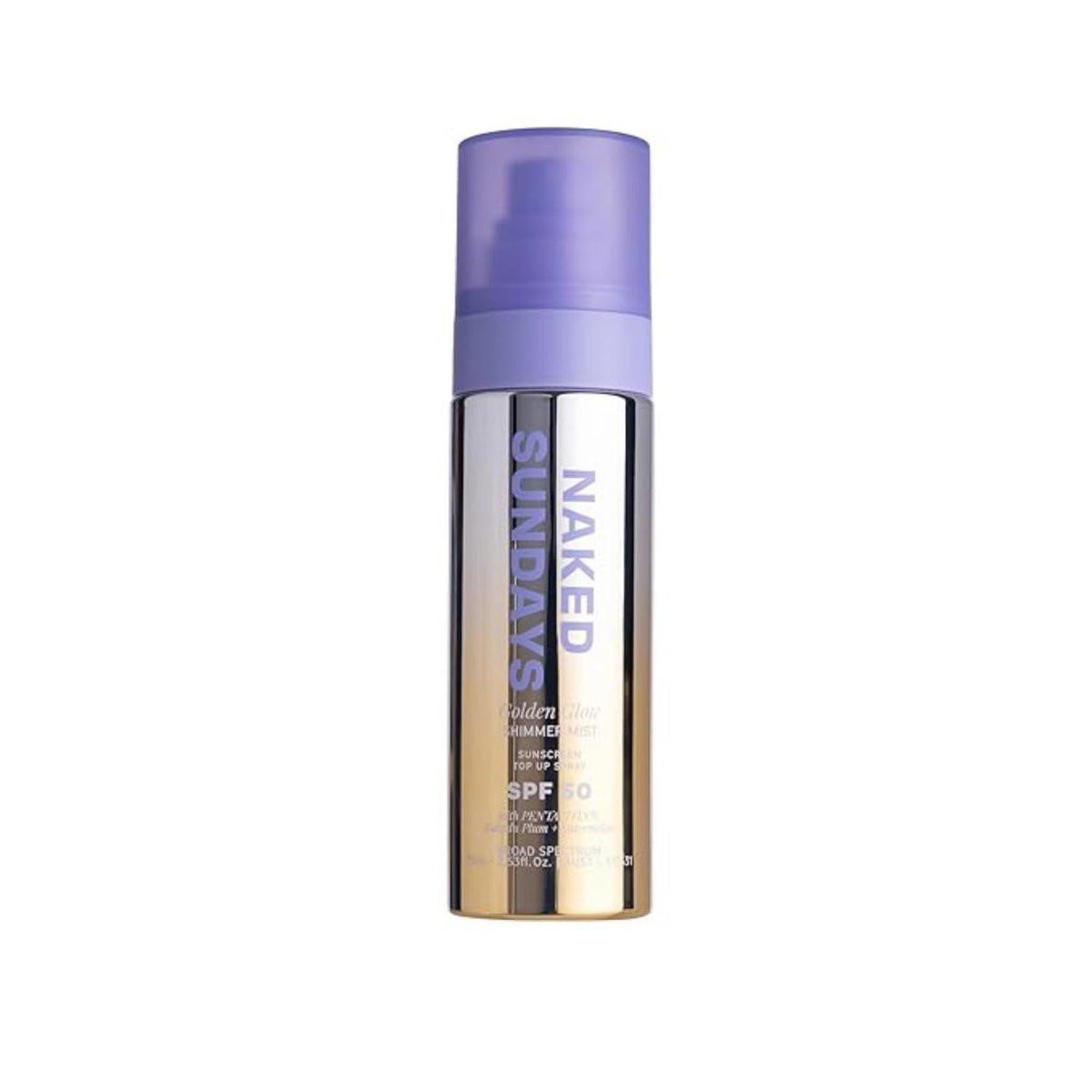 Naked Sundays SPF 50 Golden Glow Glitter Setting Spray – Schützender Glitzer-Setting-Nebel mit Breitband-UVA/UVB-Schutz, schimmernder, glowy Make-up-Fixierspray für Gesicht und Körper, leichtes, nicht fettendes Finish, 75 ml