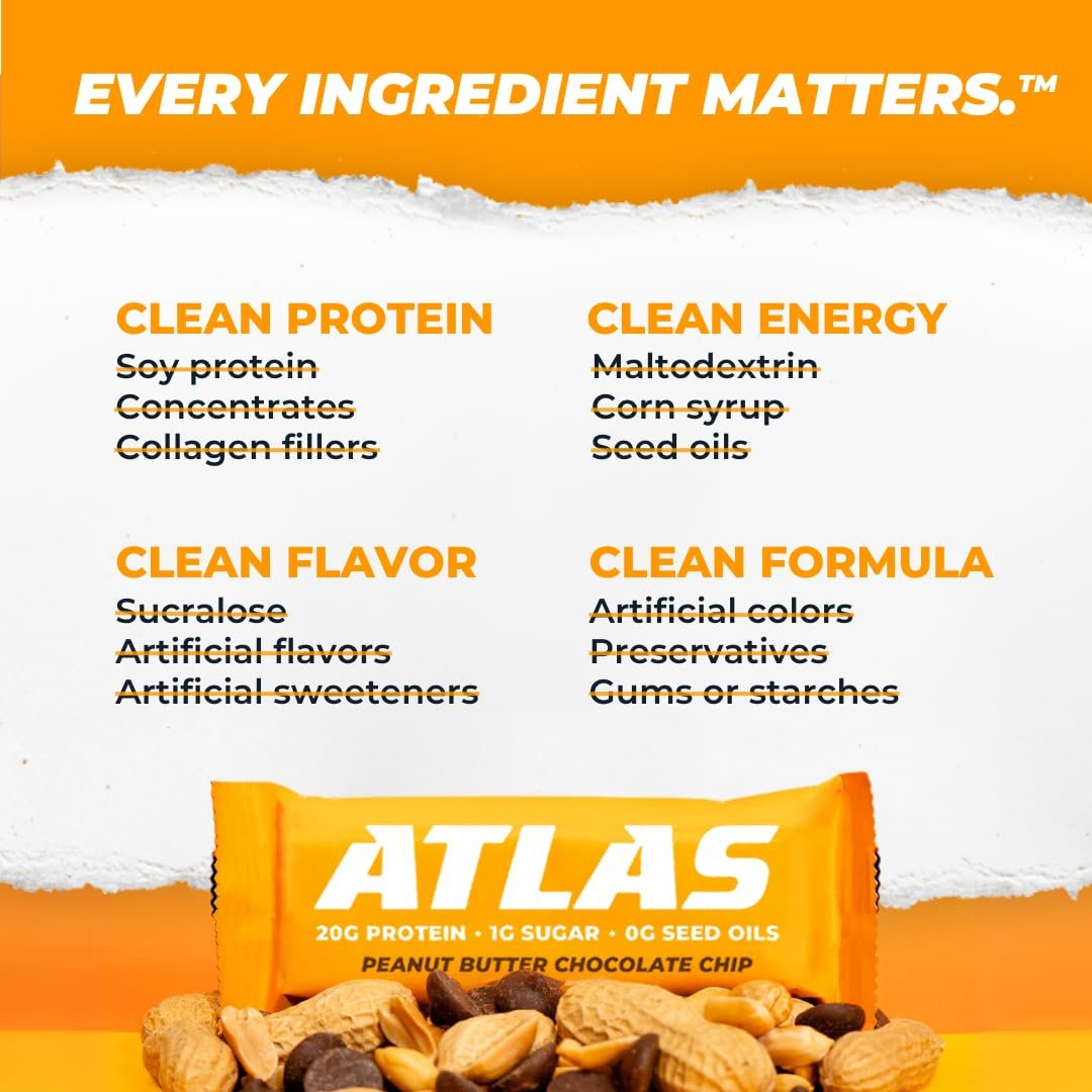 Atlas Real Food Protein Bar – 20g Protein, 10g Ballaststoffe, 1g Zucker, ohne Samenöle, ohne künstliche Süßstoffe (Sortiert, 4er Pack)