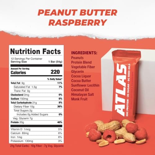 Atlas Real Food Protein Bar – 20g Protein, 10g Ballaststoffe, 1g Zucker, ohne Samenöle, ohne künstliche Süßstoffe (Sortiert, 4er Pack)