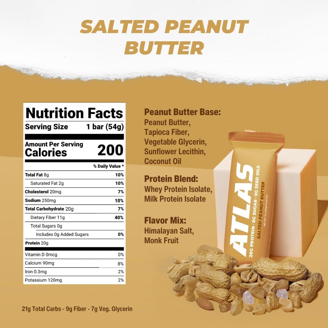 Atlas Real Food Protein Bar – 20g Protein, 10g Ballaststoffe, 1g Zucker, ohne Samenöle, ohne künstliche Süßstoffe (Sortiert, 4er Pack)