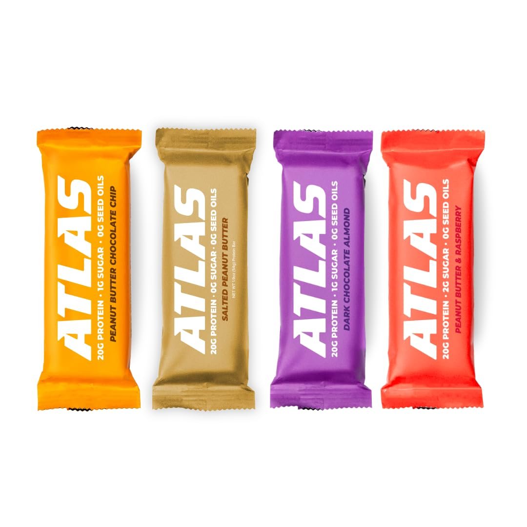 Atlas Real Food Protein Bar – 20g Protein, 10g Ballaststoffe, 1g Zucker, ohne Samenöle, ohne künstliche Süßstoffe (Sortiert, 4er Pack)