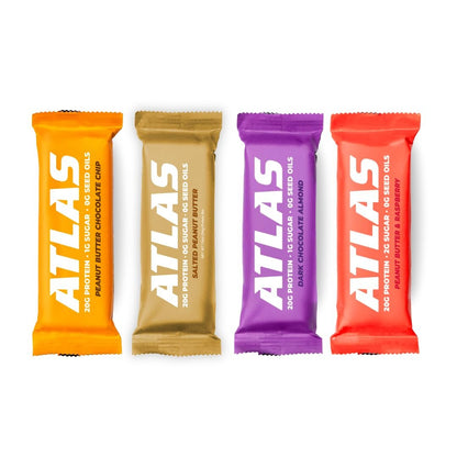Atlas Real Food Protein Bar – 20g Protein, 10g Ballaststoffe, 1g Zucker, ohne Samenöle, ohne künstliche Süßstoffe (Sortiert, 4er Pack)