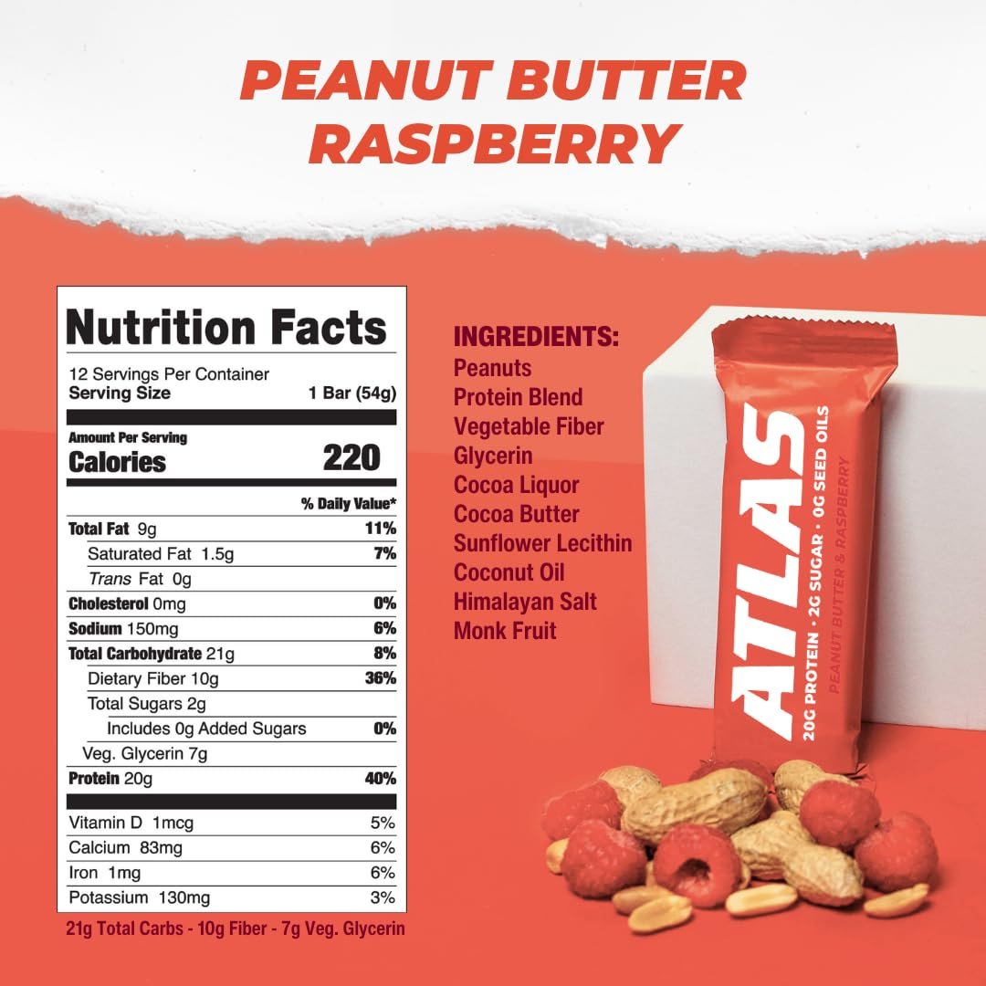 Atlas Real Food Protein Bar – 20g Protein, 10g Ballaststoffe, 1g Zucker, ohne Samenöle, ohne künstliche Süßstoffe (Sortiert, 4er Pack)