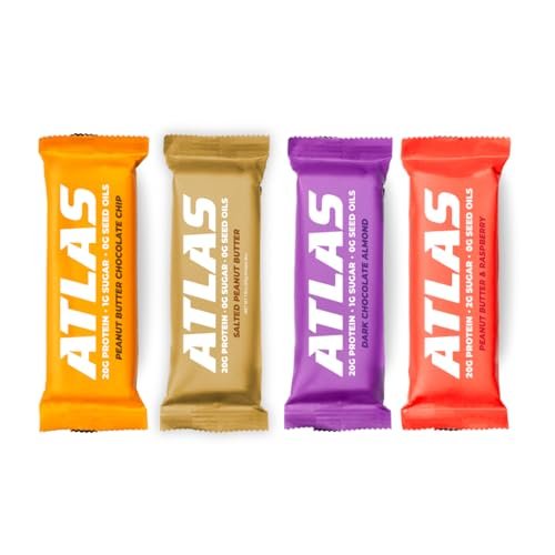 Atlas Real Food Protein Bar – 20g Protein, 10g Ballaststoffe, 1g Zucker, ohne Samenöle, ohne künstliche Süßstoffe (Sortiert, 4er Pack)