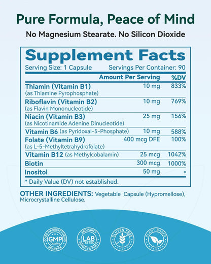 Inner Brightness Vitamin B Komplex - Vollständig methyliertes aktives B12, B6, Folat - für Energie, Konzentration, Stimmung & Nervengesundheit - Nicht-GVO, vegan, glutenfrei mit B1, B2, B3, B5, B7 - 90 Kapseln für 3 Monate