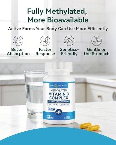 Inner Brightness Vitamin B Komplex - Vollständig methyliertes aktives B12, B6, Folat - für Energie, Konzentration, Stimmung & Nervengesundheit - Nicht-GVO, vegan, glutenfrei mit B1, B2, B3, B5, B7 - 90 Kapseln für 3 Monate