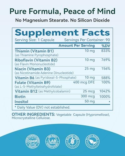 Inner Brightness Vitamin B Komplex - Vollständig methyliertes aktives B12, B6, Folat - für Energie, Konzentration, Stimmung & Nervengesundheit - Nicht-GVO, vegan, glutenfrei mit B1, B2, B3, B5, B7 - 90 Kapseln für 3 Monate