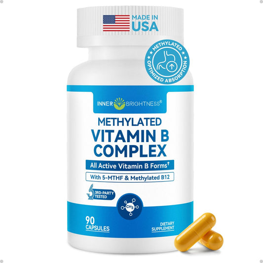 Inner Brightness Vitamin B Komplex - Vollständig methyliertes aktives B12, B6, Folat - für Energie, Konzentration, Stimmung & Nervengesundheit - Nicht-GVO, vegan, glutenfrei mit B1, B2, B3, B5, B7 - 90 Kapseln für 3 Monate
