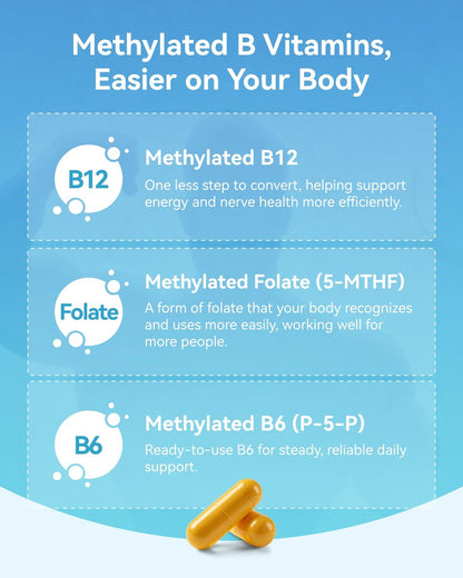 Inner Brightness Vitamin B Komplex - Vollständig methyliertes aktives B12, B6, Folat - für Energie, Konzentration, Stimmung & Nervengesundheit - Nicht-GVO, vegan, glutenfrei mit B1, B2, B3, B5, B7 - 90 Kapseln für 3 Monate