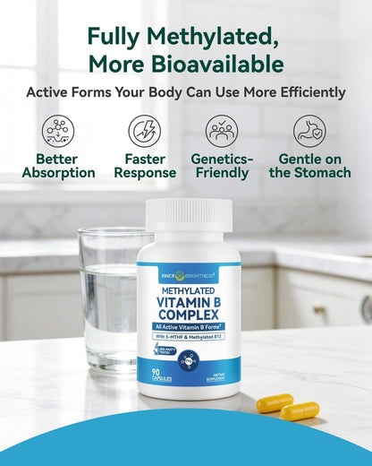Inner Brightness Vitamin B Komplex - Vollständig methyliertes aktives B12, B6, Folat - für Energie, Konzentration, Stimmung & Nervengesundheit - Nicht-GVO, vegan, glutenfrei mit B1, B2, B3, B5, B7 - 90 Kapseln für 3 Monate