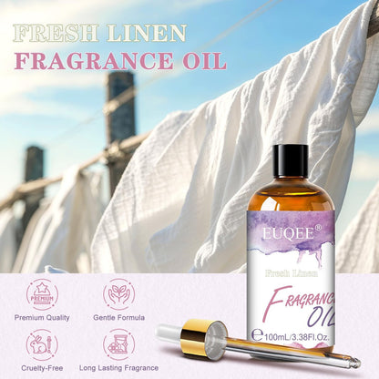 EUQEE Frische Wäsche Duftöl mit Glaspipette, 100 ml – Ätherisches Öl für Diffuser, Kerzenherstellung, DIY-Seife, Raumspray, Wäscheduft, Duft-Trocknerbälle
