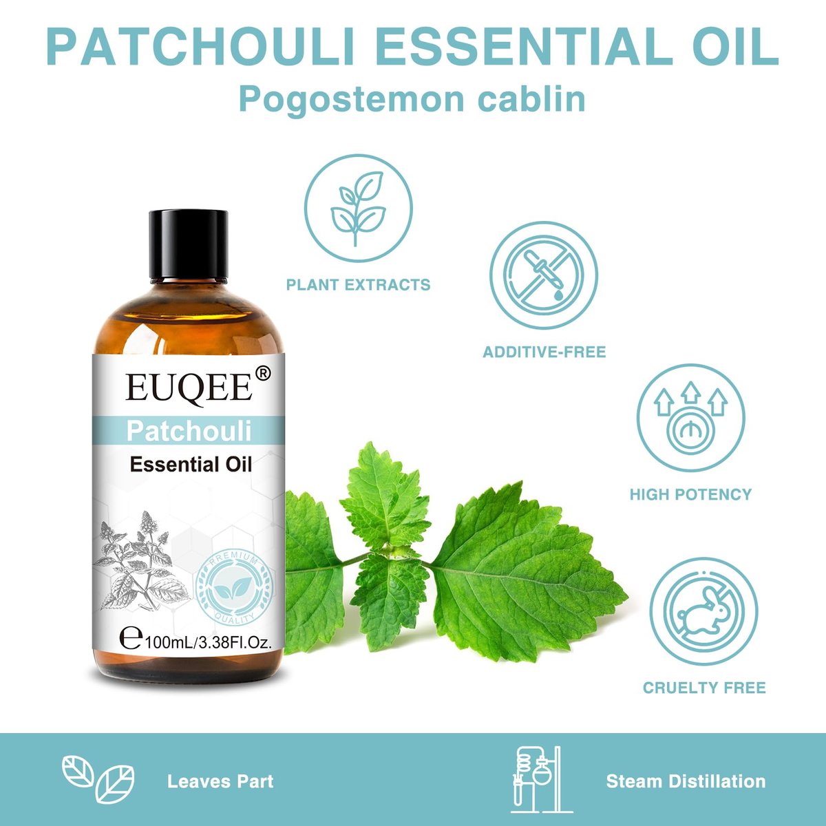 EUQEE 100 ml Patchouli-Öl – Reines ätherisches Öl für Diffuser, Massage, DIY-Seifen-, Kerzenherstellung, Haut- und Haarpflege – 3,38 Fl Oz