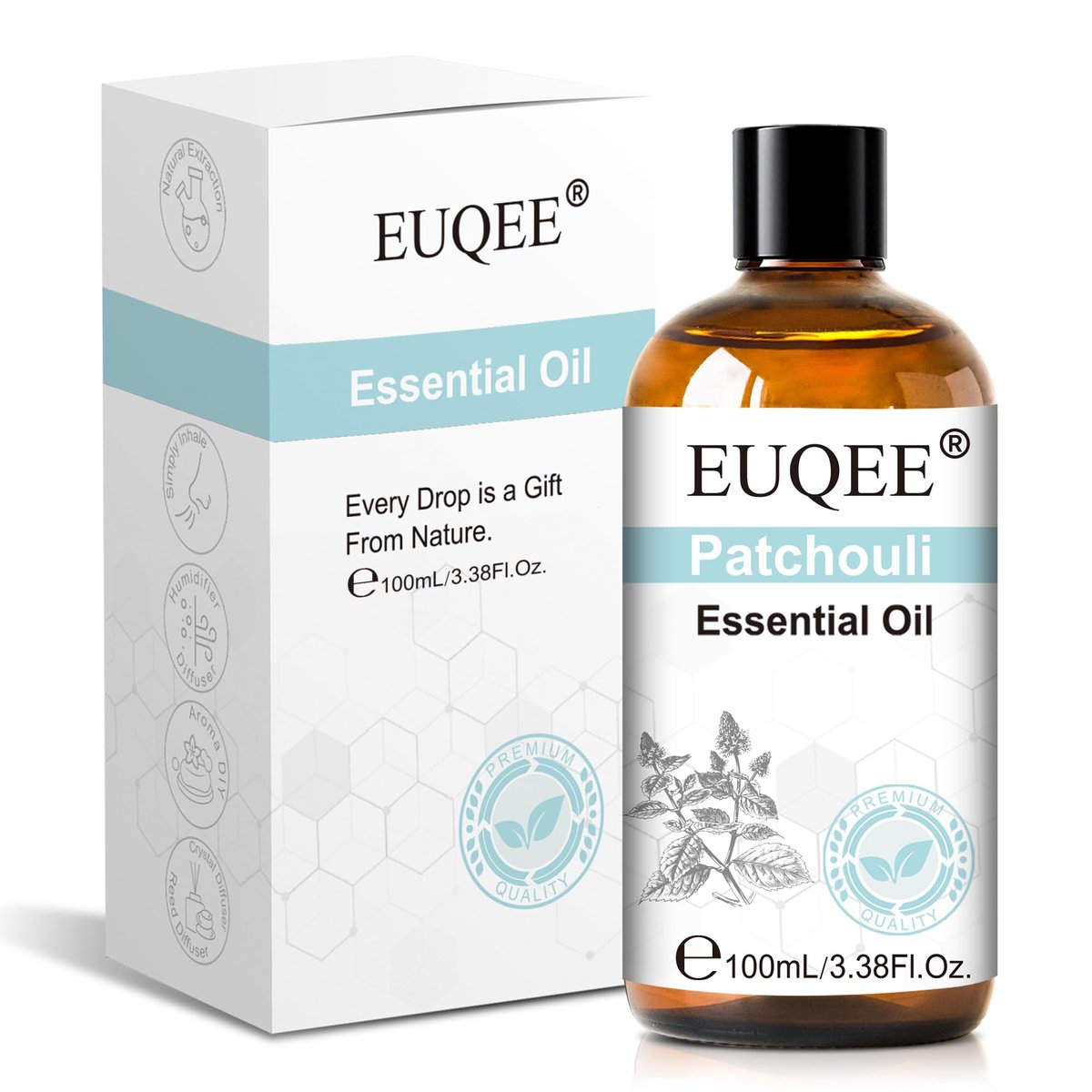 EUQEE 100 ml Patchouli-Öl – Reines ätherisches Öl für Diffuser, Massage, DIY-Seifen-, Kerzenherstellung, Haut- und Haarpflege – 3,38 Fl Oz