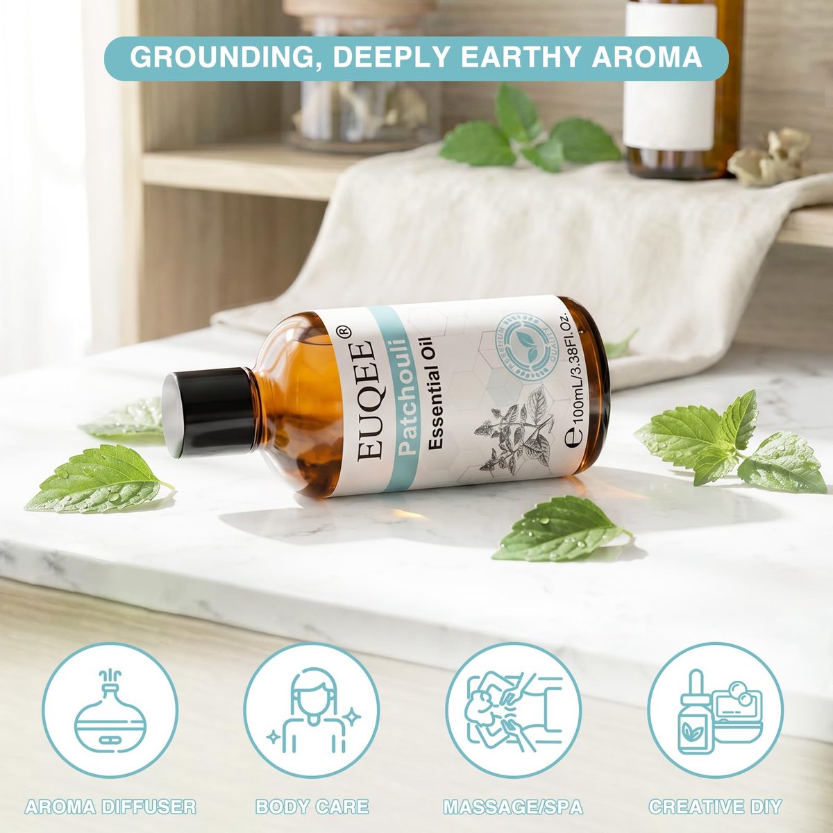 EUQEE 100 ml Patchouli-Öl – Reines ätherisches Öl für Diffuser, Massage, DIY-Seifen-, Kerzenherstellung, Haut- und Haarpflege – 3,38 Fl Oz