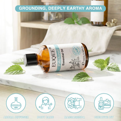 EUQEE 100 ml Patchouli-Öl – Reines ätherisches Öl für Diffuser, Massage, DIY-Seifen-, Kerzenherstellung, Haut- und Haarpflege – 3,38 Fl Oz
