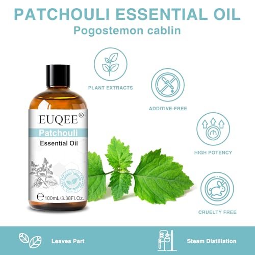 EUQEE 100 ml Patchouli-Öl – Reines ätherisches Öl für Diffuser, Massage, DIY-Seifen-, Kerzenherstellung, Haut- und Haarpflege – 3,38 Fl Oz
