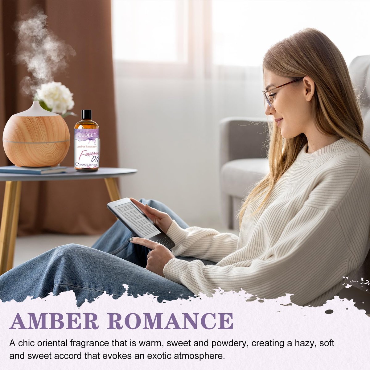 EUQEE Amber Romance Duftöl, 100 ml – Langanhaltendes Aromatherapieöl für Diffuser, Kerzenherstellung, Seifenherstellung, Wäsche und als Raumduft-Geschenk