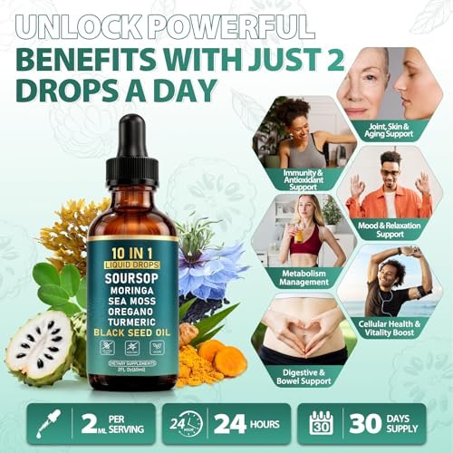 10-in-1 Soursop Bitters Liquid Drops | Natürliche grüne Formel | Schnelle Darmreinigung & Entgiftung, Verdauungsunterstützung mit Seemoos, Moringa, Schwarzkümmelöl, Kurkuma, Ashwagandha, Vitamin C & D | 60 ml | Non-GMO Vegan