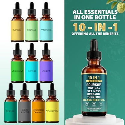 10-in-1 Soursop Bitters Liquid Drops | Natürliche grüne Formel | Schnelle Darmreinigung & Entgiftung, Verdauungsunterstützung mit Seemoos, Moringa, Schwarzkümmelöl, Kurkuma, Ashwagandha, Vitamin C & D | 60 ml | Non-GMO Vegan