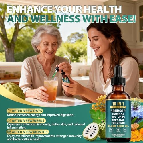 10-in-1 Soursop Bitters Liquid Drops | Natürliche grüne Formel | Schnelle Darmreinigung & Entgiftung, Verdauungsunterstützung mit Seemoos, Moringa, Schwarzkümmelöl, Kurkuma, Ashwagandha, Vitamin C & D | 60 ml | Non-GMO Vegan