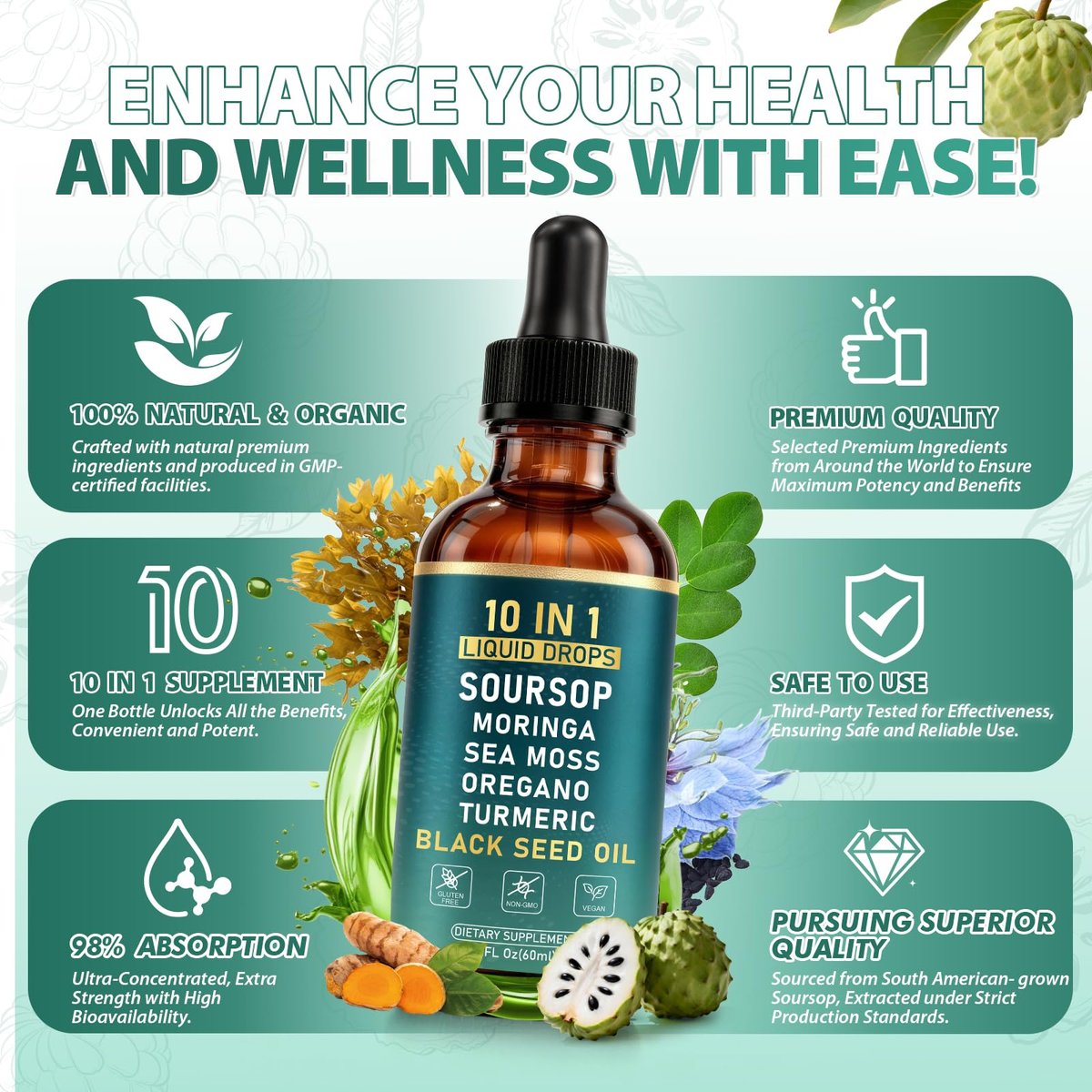 10-in-1 Soursop Bitters Liquid Drops | Natürliche grüne Formel | Schnelle Darmreinigung & Entgiftung, Verdauungsunterstützung mit Seemoos, Moringa, Schwarzkümmelöl, Kurkuma, Ashwagandha, Vitamin C & D | 60 ml | Non-GMO Vegan