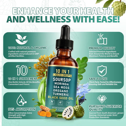 10-in-1 Soursop Bitters Liquid Drops | Natürliche grüne Formel | Schnelle Darmreinigung & Entgiftung, Verdauungsunterstützung mit Seemoos, Moringa, Schwarzkümmelöl, Kurkuma, Ashwagandha, Vitamin C & D | 60 ml | Non-GMO Vegan