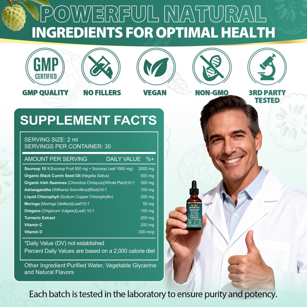 10-in-1 Soursop Bitters Liquid Drops | Natürliche grüne Formel | Schnelle Darmreinigung & Entgiftung, Verdauungsunterstützung mit Seemoos, Moringa, Schwarzkümmelöl, Kurkuma, Ashwagandha, Vitamin C & D | 60 ml | Non-GMO Vegan