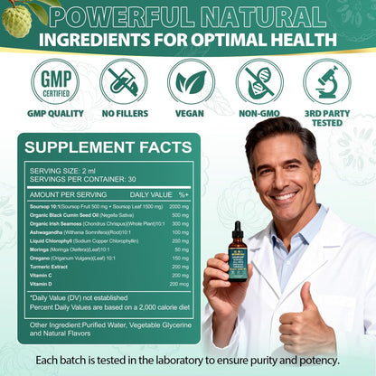 10-in-1 Soursop Bitters Liquid Drops | Natürliche grüne Formel | Schnelle Darmreinigung & Entgiftung, Verdauungsunterstützung mit Seemoos, Moringa, Schwarzkümmelöl, Kurkuma, Ashwagandha, Vitamin C & D | 60 ml | Non-GMO Vegan