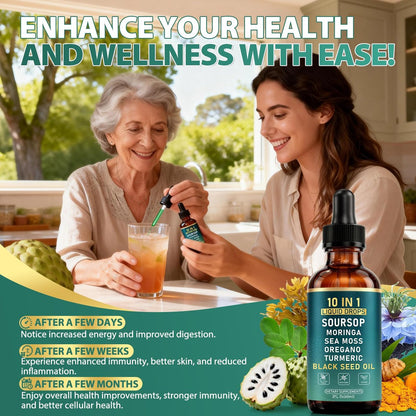 10-in-1 Soursop Bitters Liquid Drops | Natürliche grüne Formel | Schnelle Darmreinigung & Entgiftung, Verdauungsunterstützung mit Seemoos, Moringa, Schwarzkümmelöl, Kurkuma, Ashwagandha, Vitamin C & D | 60 ml | Non-GMO Vegan