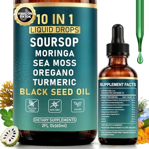 10-in-1 Soursop Bitters Liquid Drops | Natürliche grüne Formel | Schnelle Darmreinigung & Entgiftung, Verdauungsunterstützung mit Seemoos, Moringa, Schwarzkümmelöl, Kurkuma, Ashwagandha, Vitamin C & D | 60 ml | Non-GMO Vegan