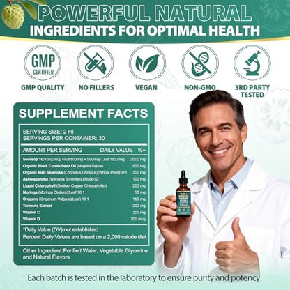 10-in-1 Soursop Bitters Liquid Drops | Natürliche grüne Formel | Schnelle Darmreinigung & Entgiftung, Verdauungsunterstützung mit Seemoos, Moringa, Schwarzkümmelöl, Kurkuma, Ashwagandha, Vitamin C & D | 60 ml | Non-GMO Vegan