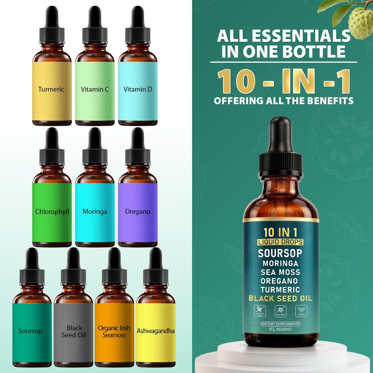 10-in-1 Soursop Bitters Liquid Drops | Natürliche grüne Formel | Schnelle Darmreinigung & Entgiftung, Verdauungsunterstützung mit Seemoos, Moringa, Schwarzkümmelöl, Kurkuma, Ashwagandha, Vitamin C & D | 60 ml | Non-GMO Vegan